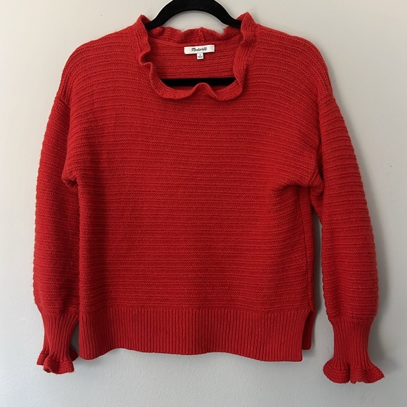 Madewell Red Ruffle Neck Ribbed Merino Wool Pullover Sweater Size Medium - Picture 3 of 6